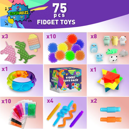 75 pcs Fidget Toys Kids Pack - Pinata Fillers, Party Favours, Classroom Prizes, Stress Relief, Treasure Chest Goodie Bag Rewards with Pop its for ADHD, Autism Bulk Fidgets Box Gifts for Boys and Girls