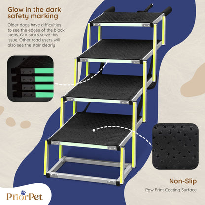 Dog Steps for Car - Dog Ramps for Cars with Glow in the Dark Marking - Non-slip surface Car Ramp - Suitable for Small Cars and Estates - Portable Aluminum Folding Pet Ramp for Dogs - 4 Steps