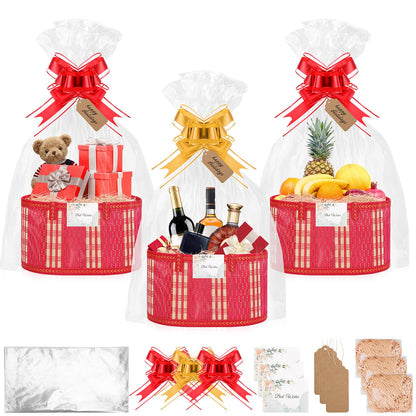 SelfTek 3 Pack Baskets for Gifts Empty, Woven Bamboo G-ift Basket Kit with Wrap Bags, Gift Card, Raffia and Pull Bows, Gifts Baskets for Birthday, Wedding, 30 x 20 x 15 cm-Red