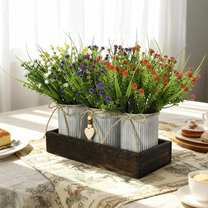 CANCLEAR Artificial Baby’s Breath (Gypsophila) Centerpiece — 3-Metal-Pot Rustic Table Decor on Wooden Tray, Faux Gypsophila Bouquet for Home, Wedding, Party, Living Room & Dining Table Decor