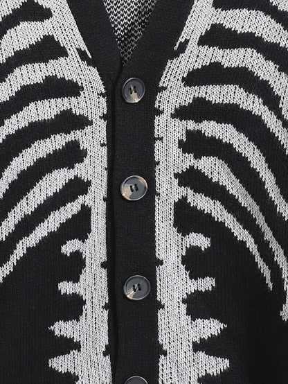 SHENHE Men's Skeleton Pattern Cardigan Sweaters Long Sleeve Unisex Outwear Knitted Coats Black XL