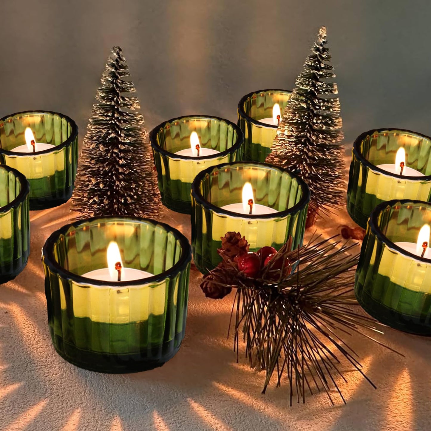 Filltown Green Tea Light Candle Holders Set of 12, 5cm x 3.5cm Glass Tea Light Holders for Table Centerpiece, Mini Votive Candle Holders for Weddings, Birthday Parties, Home Decor, Table Decor