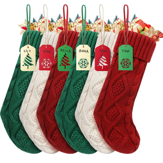 HOMEBROS Christmas Stockings, 18 Inch Large Personalized Family Christmas Stockings with Name Tags, Classic Cable Knitted, Green Burgundy Ivory White, 6 Pcs