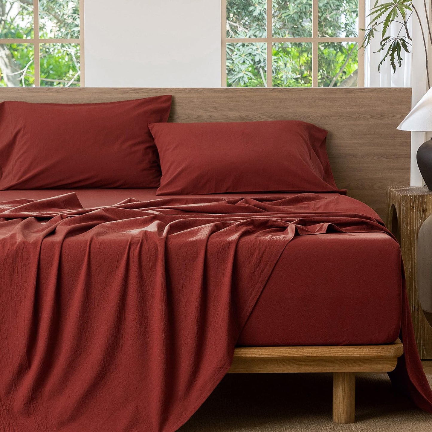 MooMee Fitted Bottom Sheet Only 100% Washed Cotton Linen Like Textured Breathable Durable Soft Comfy Deep Pocket Fits Mattress up to 17" (Solid Fired Brick Red, Queen)