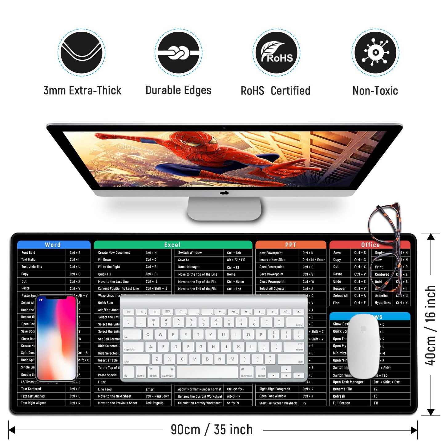JIALONG Excel Shortcuts Mouse Mat Large XXL (900x400mm) Thick Extended Excel Cheat Sheet Desk Mat Soft Computer Keyboard Mouse Pad for Macbook, PC, Laptop, Office