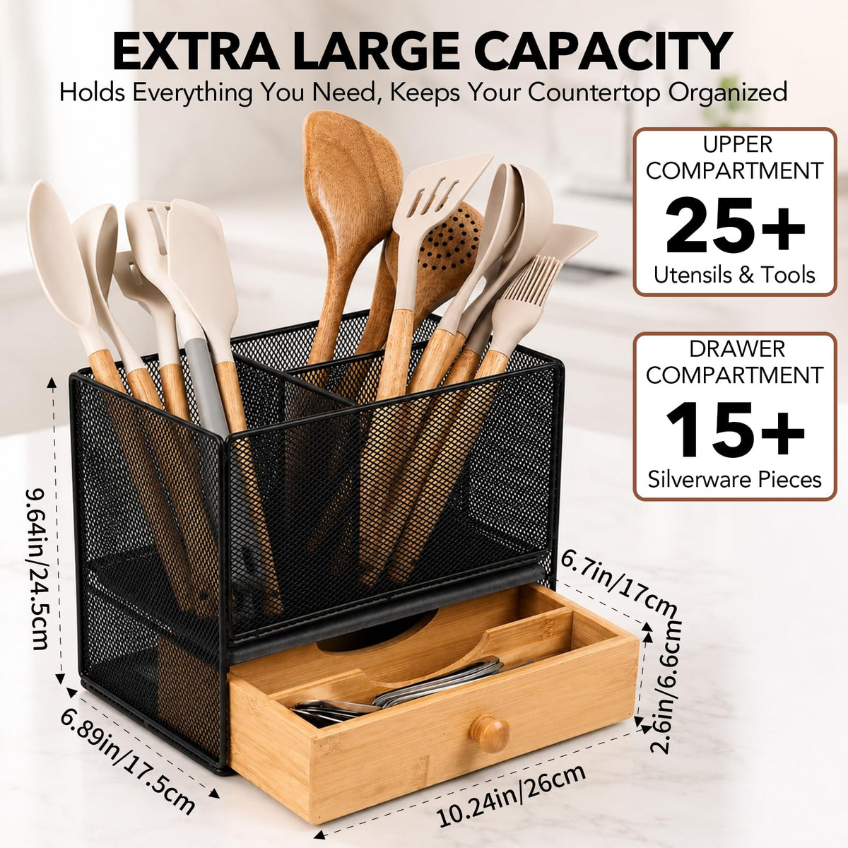 Kitchen Utensil Holder Countertop, Extra Large Utensil Organizer with Drawer, 2-Tier Utensil & Silverware Organizer for Kitchen Counter, Cooking Utensil Cutlery Caddy, Quick Dry Diatomite Base