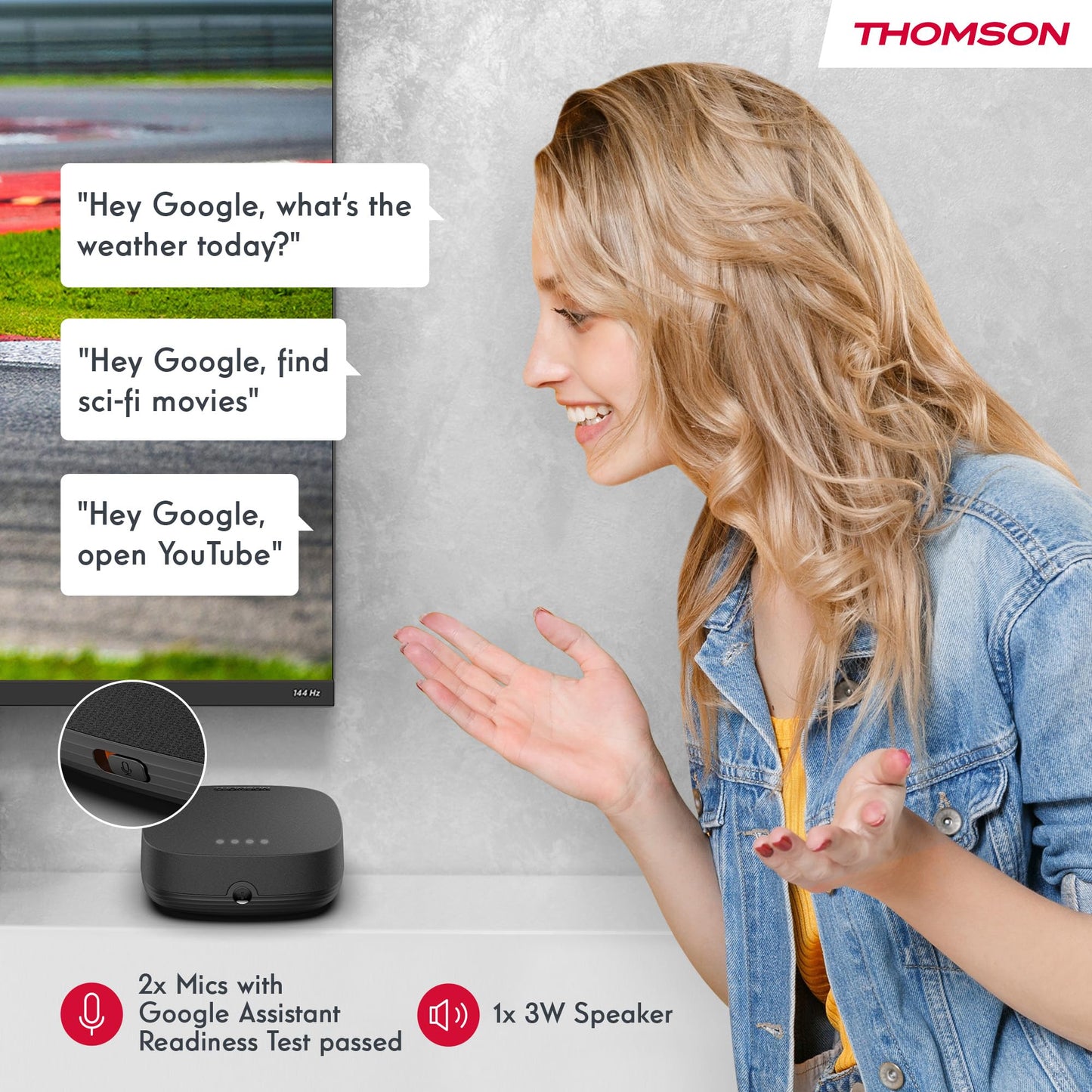 Thomson Streaming Box 270UK Plus, Built-in Speaker for Voice Control, Google TV, Netflix, Disney+, 4K UHD, Streaming via Wi-Fi, Google Cast, 32GB Storage
