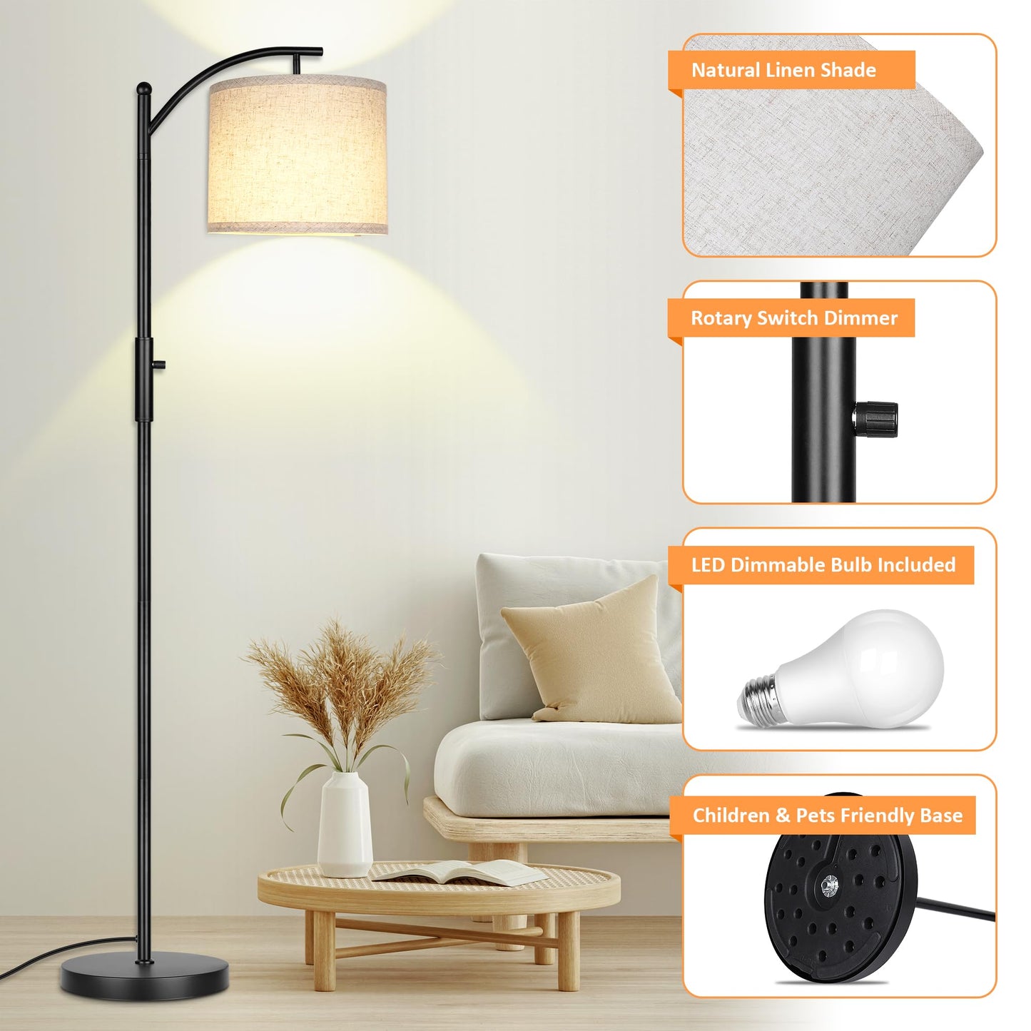 ROTTOGOON Dimmable Floor Lamp, Arc Floor Lamps for Living Room, Stepless Dimming Modern Standing Lamp with Linen Shade, Tall Lamp for Bedroom Office Dining Room- Black