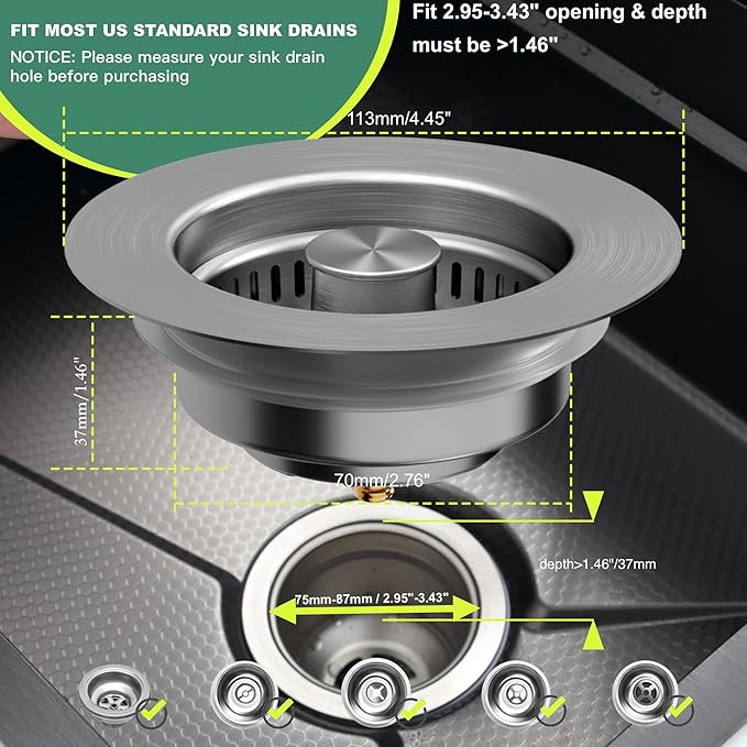 Sink Drain Strainer 3 in 1, 304 Stainless Steel Pop Up Sink Stopper,