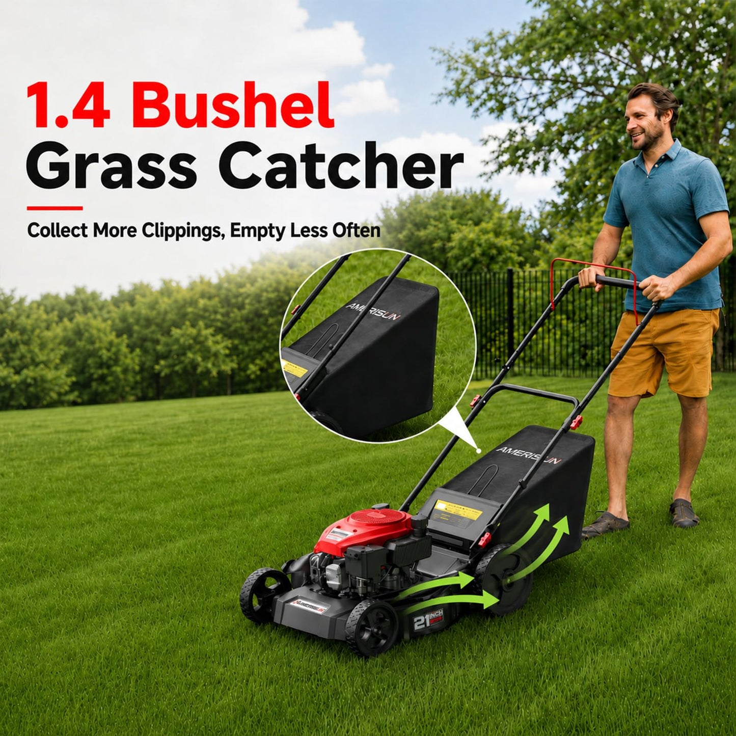 AMERISUN Gas Lawn Mower 21 in, 144cc 4-Stroke Walk-Behind Push Mower, 3-in-1 Mulch Bag Side Discharge System, 6 Adjustable Cutting Heights, Heavy Steel Deck for Yard & Garden Care