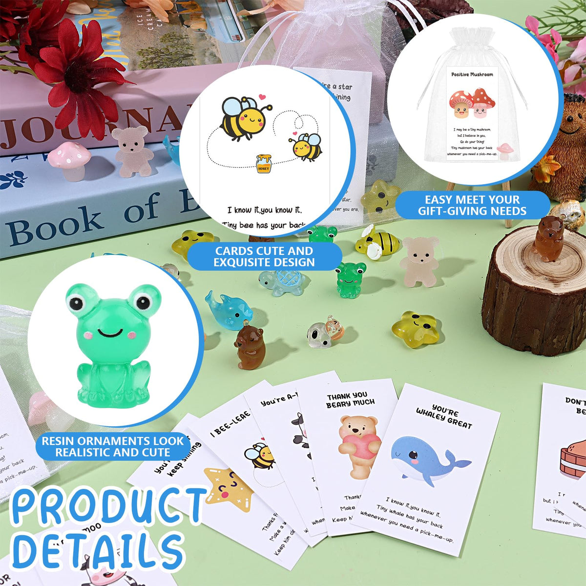 50 Set Employee Appreciation Gifts Bulk for Coworkers Mini Luminous Resin Animals Thank You Staff Gift Inspirational Affirmation Greeting Cards Motivational Gifts for Employees Teacher Nurse Team