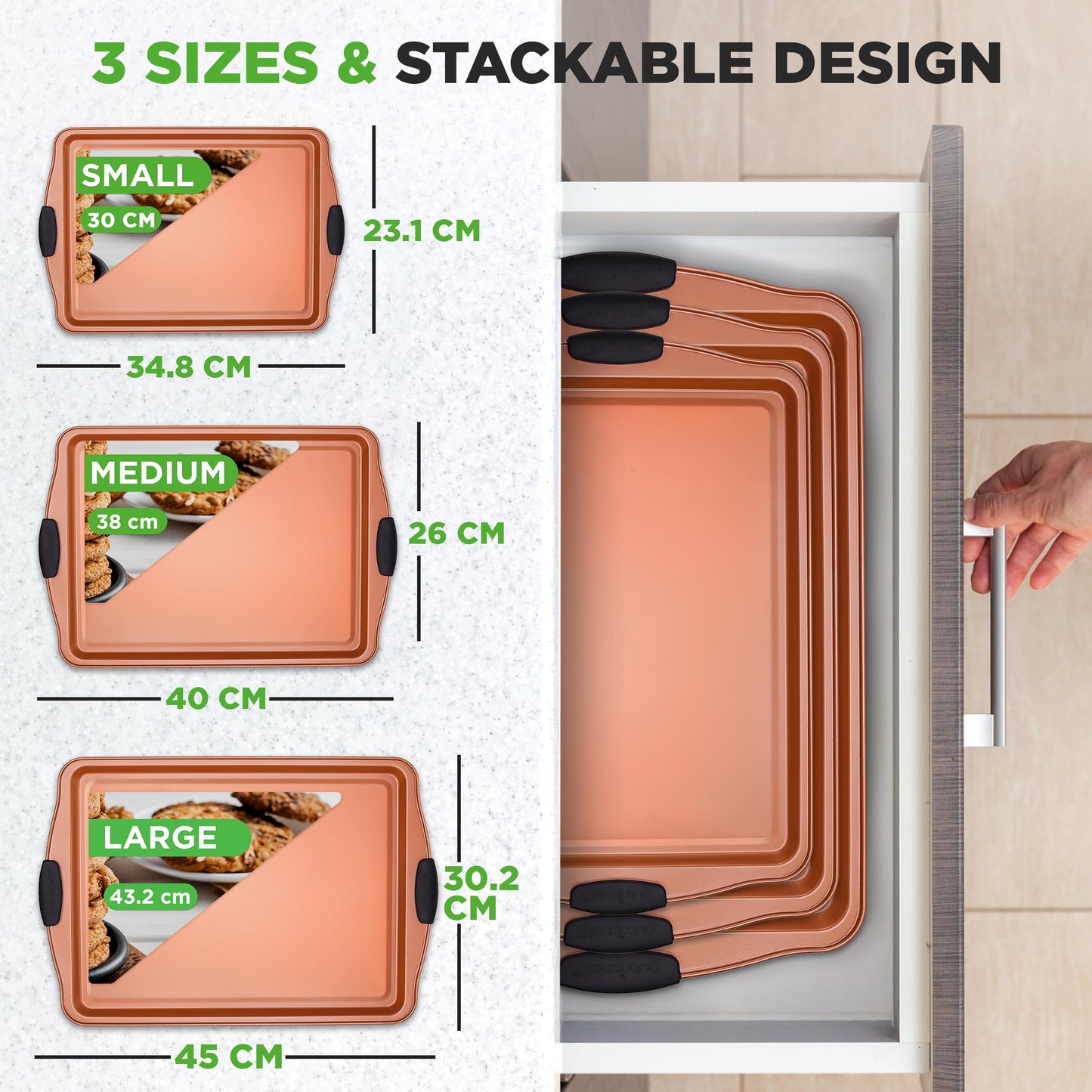 NutriChef Baking Tray Set, Oven Baking Pans, 3 Piece Non-Stick Kitchen Oven Trays, Stackable Carbon Steel Baking Set, Cookie Sheet, Copper Metal Bakeware w/Black Silicone Handles, 3Pc