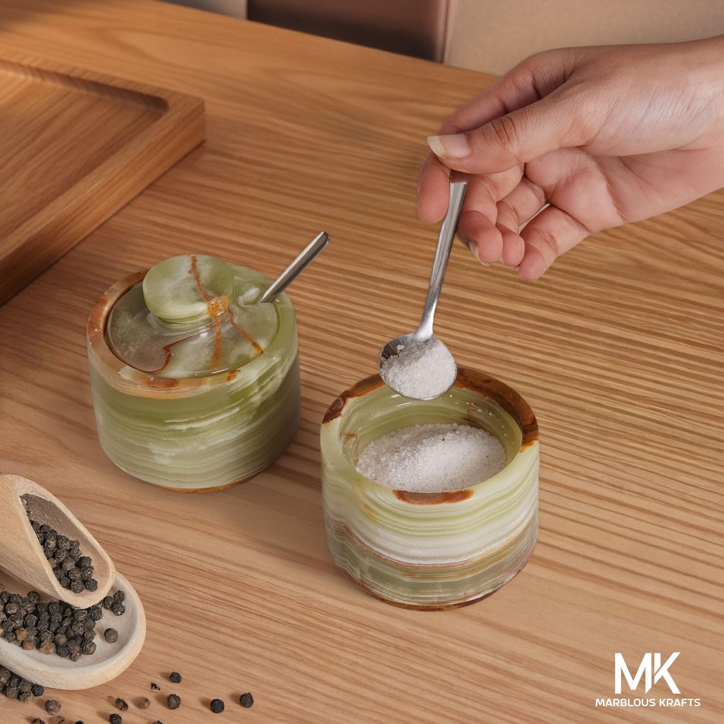MARBLOUS KRAFTS Marble Salt Cellar with Lid and Spoon 3" Inch Green Stone Salt Dish for Kitchen Countertop Storage, Small Set of 2 Seasoning Containers, Spice Jars, Sugar Bowl