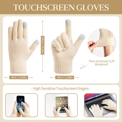 Coolprince Womens Long Scarf Gloves and Hat Set Cold Weather Hat Scarf Glove Set for Women Winter Beanie Hats with Pom Pom Apricot