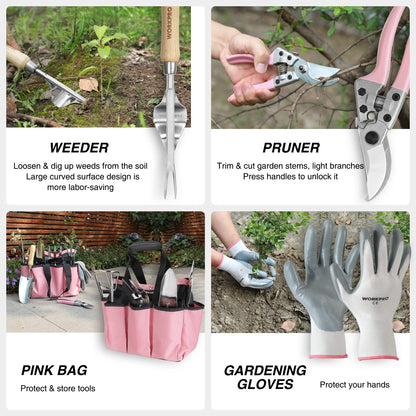 WORKPRO 8-Piece Pink Garden Tool Set, Stainless Steel Gardening Tools with Wood Handle, Including Garden Tote, Gloves, Trowel, Hand Weeder, Cultivator and More, Gardening Gifts For Women - Pink Ribbon