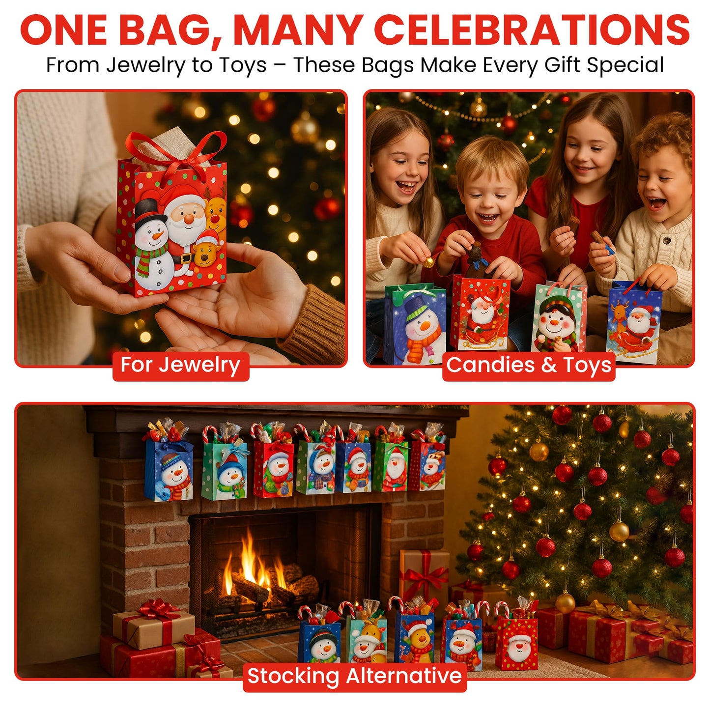 Iconikal 20-Pack Christmas Gift Bags, Small 4x6x2.5-Inch, Snowman Santa Reindeer, Ribbon Handles