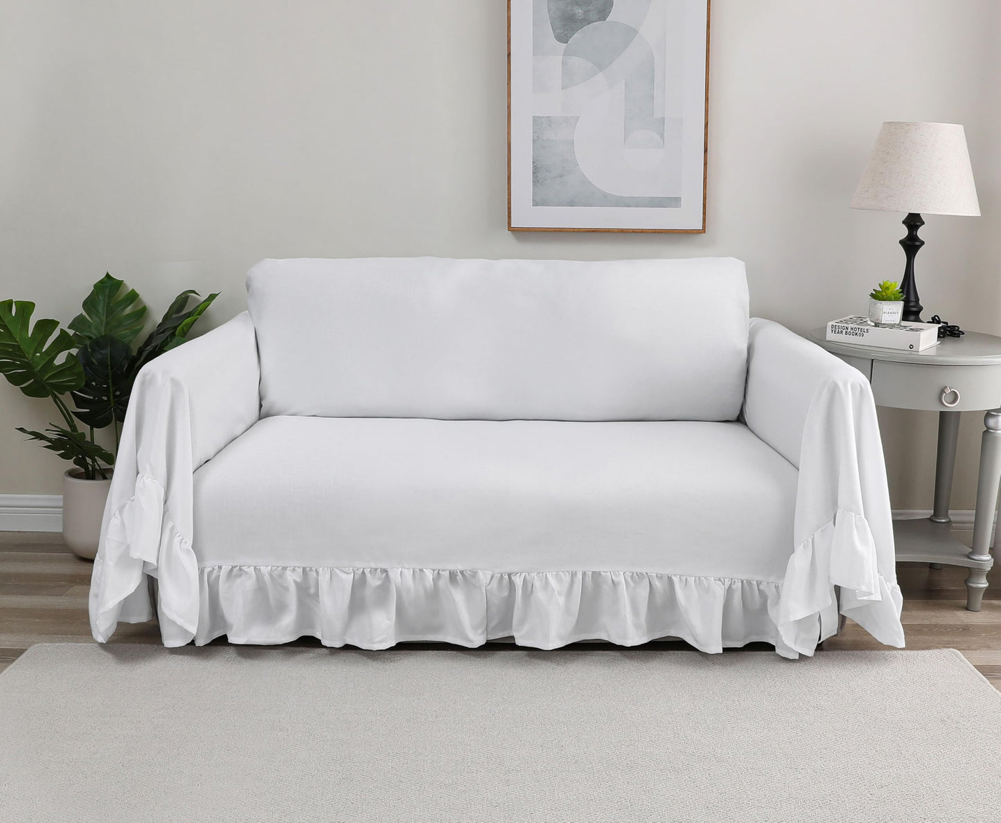Castle Selection Rustic Linen Sofa Cover with Tie Strings, Full Couch Protector Durable Throw Slipcover Ruffled Edge (White, Sofa)