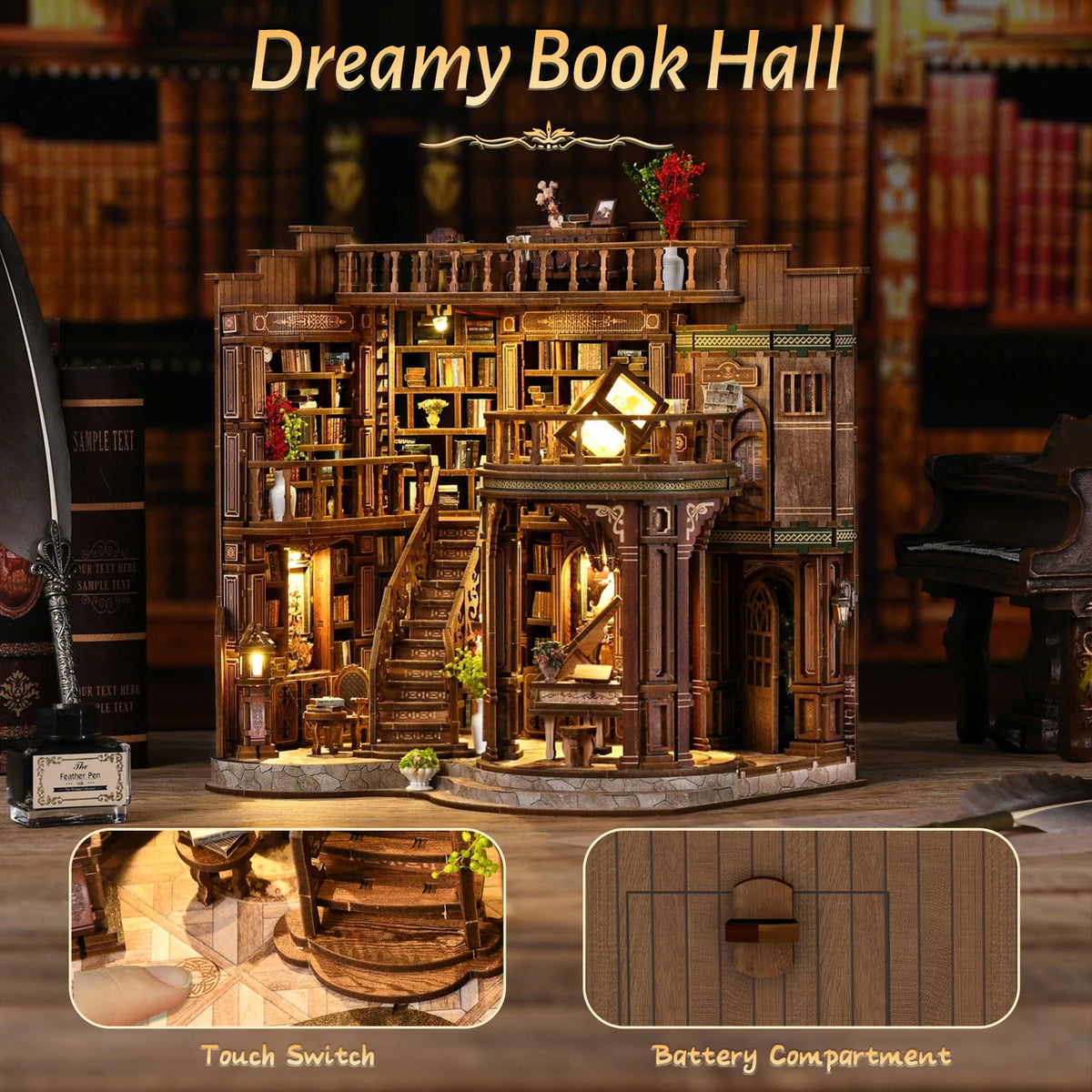 Kubelyx Library Book Nook Kit - DIY Miniature House Kit & Dollhouse Craft for Adults and Teens, 3D Wooden Puzzle with LED Light, Tiny Bookshelf Decor, Gifts for Family and Friends (Fantasy Library)