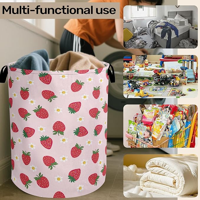 Cute Pink Strawberry Laundry Basket, Extra Large Foldable Hamper
