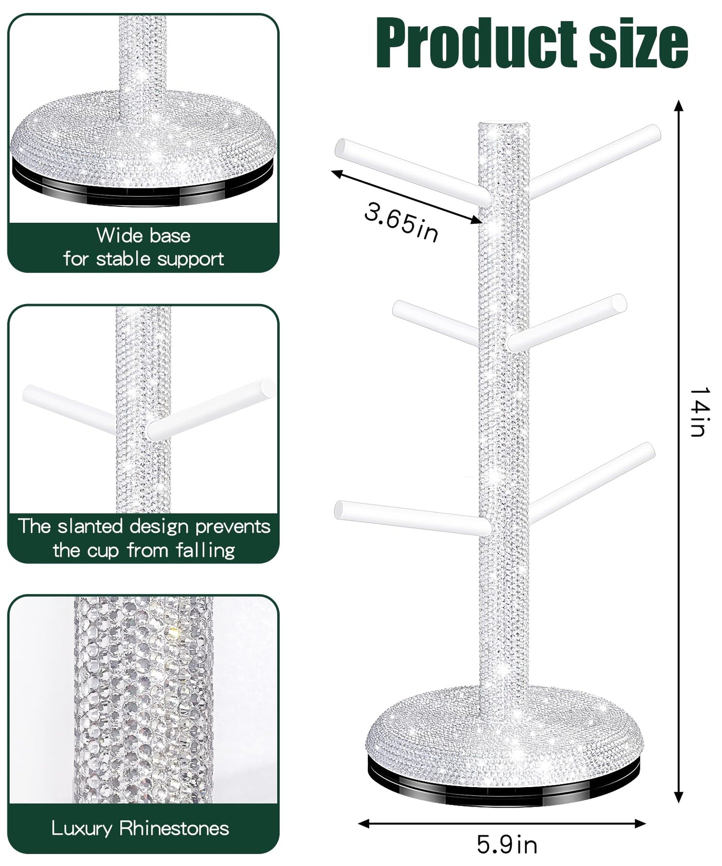 Mulixis Bling Mug Holder Tree, 360° Rotation Coffee Cup Holder with 6 Hooks Crystal Rhinestone Mug Tree Rack Aesthetic Design Home Organization（White）