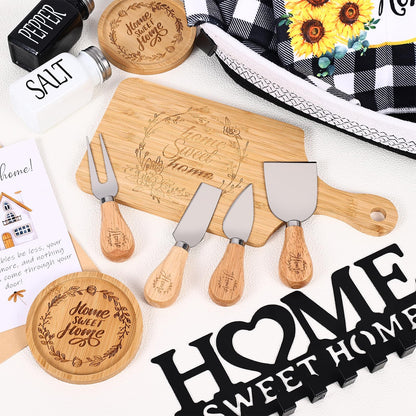 14 Pcs House Warming Gift New Home Gift Basket with Bamboo Serving Board, Dish Towels, Cheese Knife Set, Key Holder for Couples Women Men Clients, Closing Gift for Home Buyers, New Homeowner