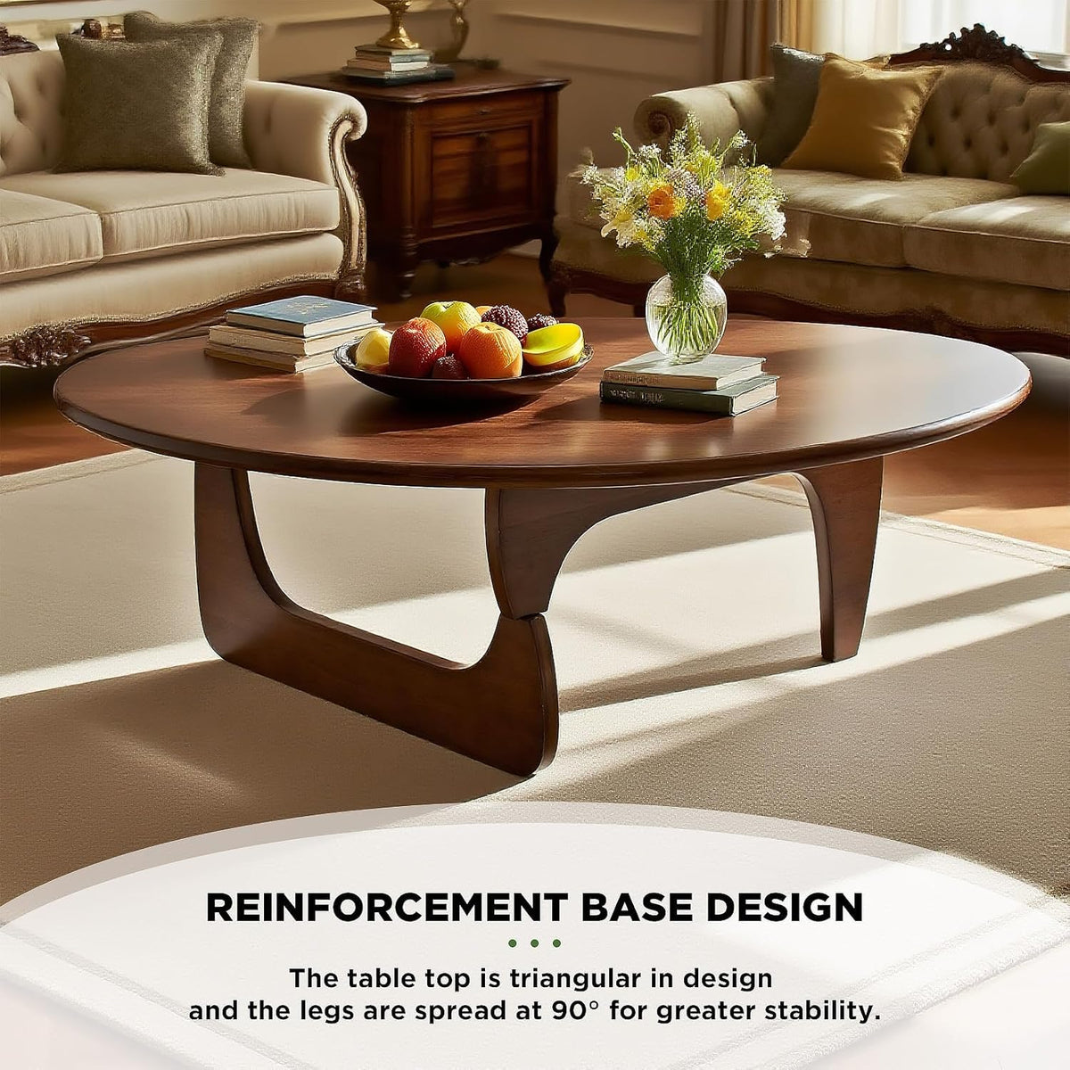Solid Wood Triangle Coffee Table,Unique Mid Century Modern Oval Coffee Table,Irregular Geometric Tea Tables for Home Living Room with Wooden Tabletop and Reinforced Legs Walnut 35" L x 24" W x 16" H