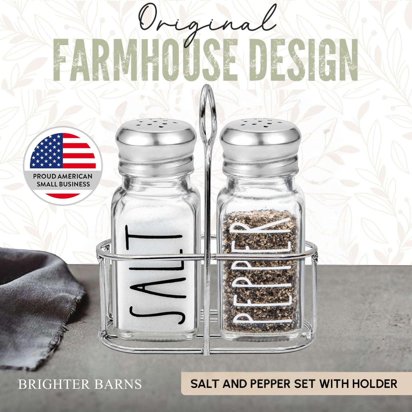 Clear Glass Salt and Pepper Shakers Set with Holder by Brighter Barns - Dining Table Countertop Accessories, Farmhouse Kitchen Decor - Glass Shakers with Caddy for Restaurant, BBQ, Camping, RV (Clear)