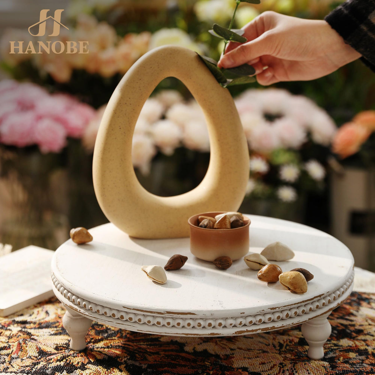 Hanobe Round Decorative Tray Stand: White Beaded Wood Pedestal Risers Farmhouse Circle Display Holder for Coffee Table Home Decor Kitchen Bathroom Counter