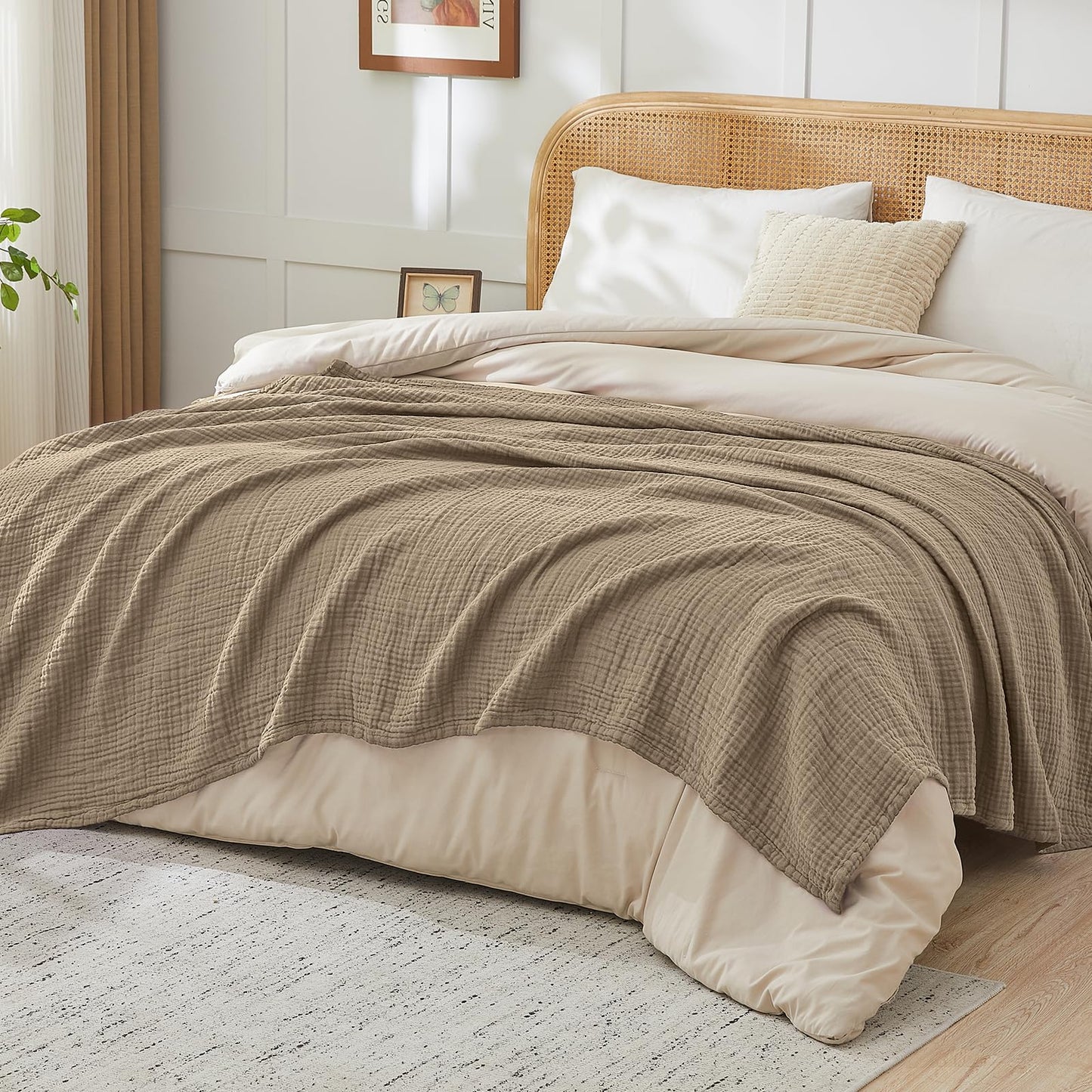 EMME Cotton Muslin King Blanket Bed Layering Bedspread Coverlet Breathable Gauze Soft Lightweight (Tan, 108"x90")