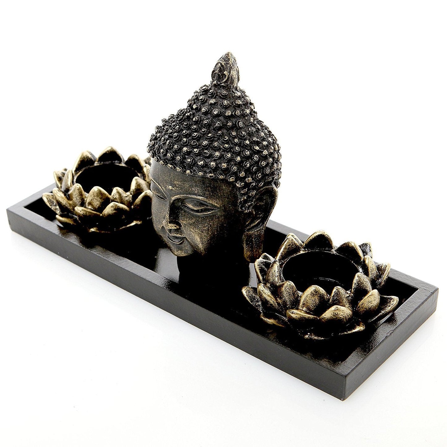 MyGift Black Buddha Head Sculpture Zen Garden Set with Lotus Tealight Candle Holders and Wooden Display Tray, Decorative Tabletop Home Accent