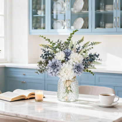 Der Rose Fake Flowers in Vase Silk Artificial Navy Blue Flowers Arrangements with Glass Vase for Dinning Coffee Table Centerpieces Home Kitchen Farmhouse Wedding Decor