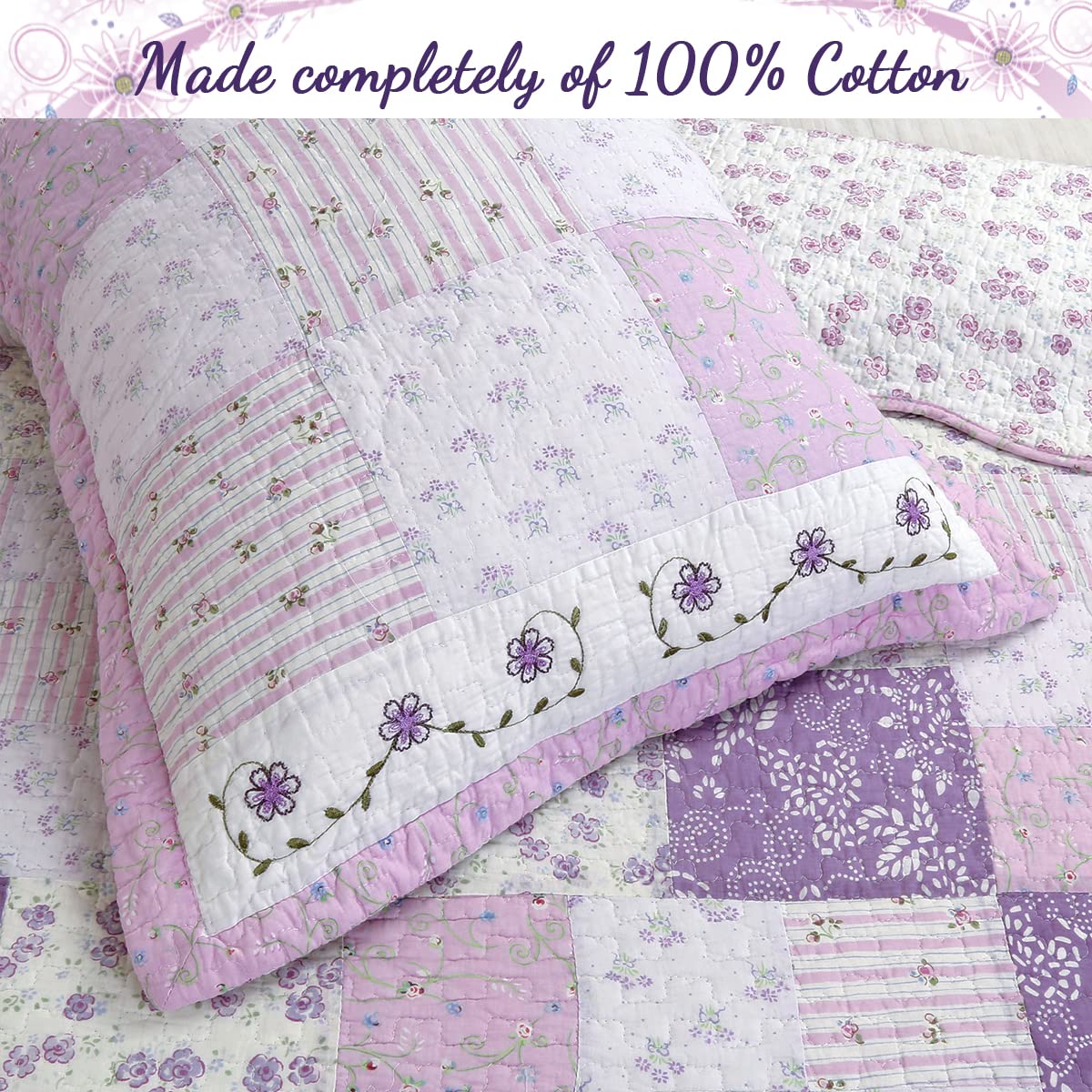 Cozy Line Home Fashions 100% Cotton Hand Pieced Real Patchwork Floral Scalloped Edge Country Quilt Bedding Set, Reversible Coverlet Bedspread for All Seasons (Love of Lavender, Queen - 3 piece)