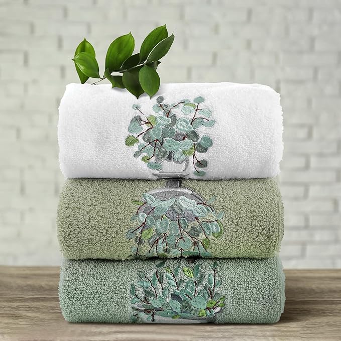 3 Pcs Eucalyptus Hand Towels Farmhouse Embroidered Botanical Bathroom Decor