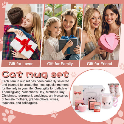Cat Mug Gifts Set, Birthday Gifts for Women Her Mom, Christmas Presents for Women, Valentines Mothers Day Cat Lovers Presents Idea for Sister Wife Grandma Female Teacher Friend Coworker (Pink)