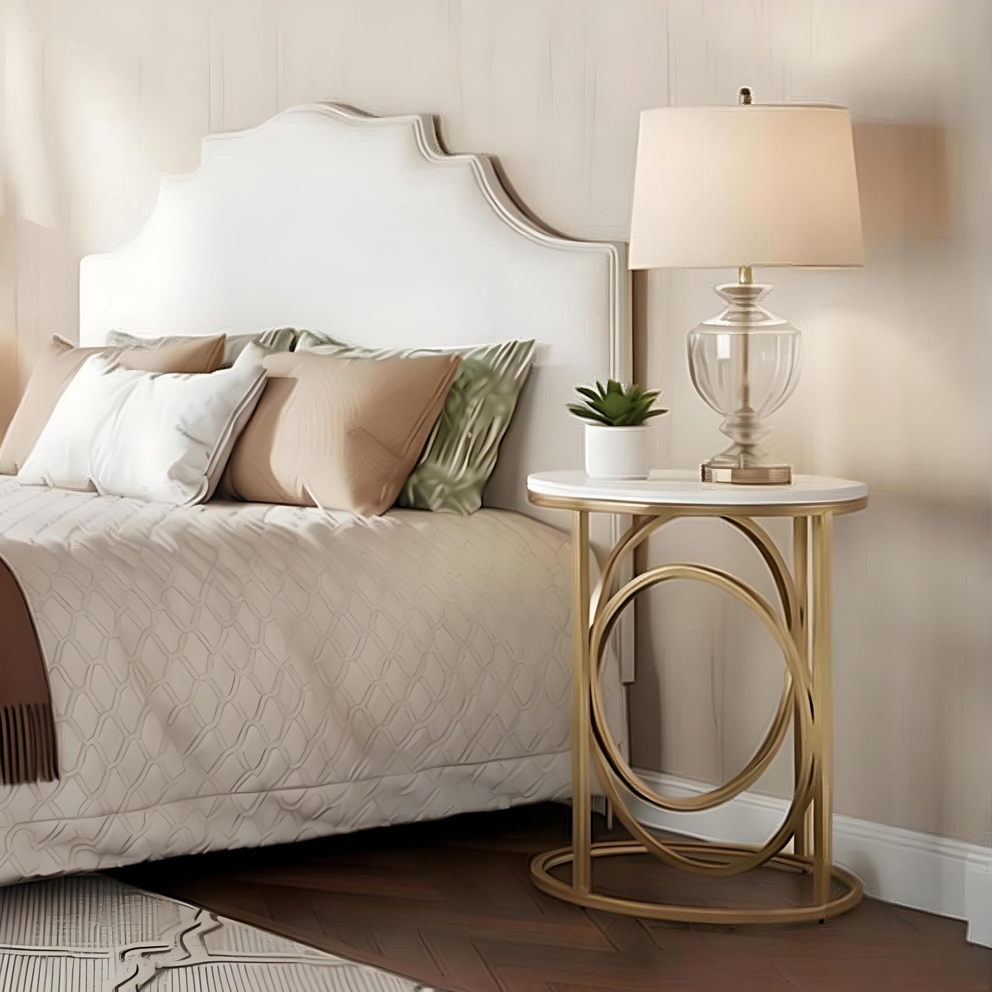 LITTLE TREE 20” Round End Table，Modern Sofa Side Table with Gold O-Shaped Base, Faux Marble White Cocktail Table Accent Table Nightstand for Living Room Bedroom, 2PCS