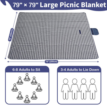 Habaylin Picnic Blanket Waterproof, Extra Large Picnic Mat 200 X 200 cm, Camping Beach Blanket Washable Foldable, Camping Accessories for Outdoor Activities (Dark Blue)
