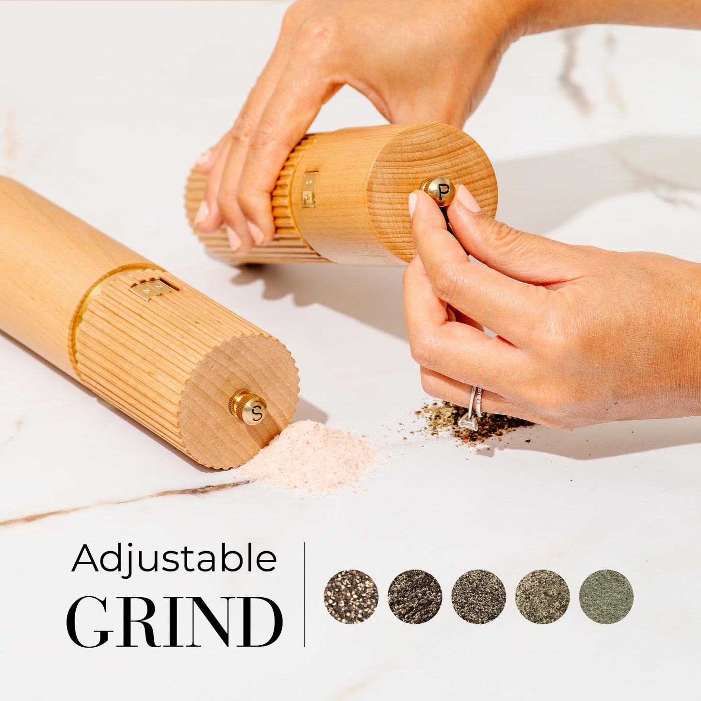 Wooden Salt and Pepper Grinder Set – Refillable Manual Salt and Pepper Mills with Adjustable Ceramic Burrs, Gold Detailing, and Wood Stand