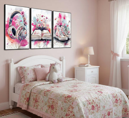 3Pcs Teen Girls Bedroom Canvas Wall Art Fashion Headphones Book and Shoes Pink Watercolo Splash Flower Painting Pictures Wall Decor Print Artwork for Living Room Dorm Home Decoration Unframed