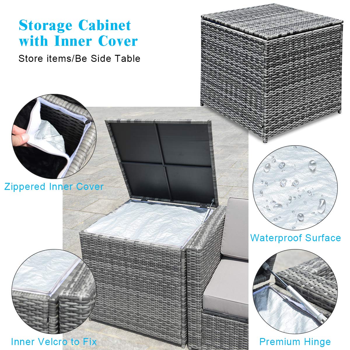 Tangkula 8 Pieces Wicker Patio Furniture Set with Storage Deck Box, PE Rattan Outdoor Sectional Conversation Set with Coffee Table & Cushions, Outside Furniture for Garden Yard Poolside (Turquoise)