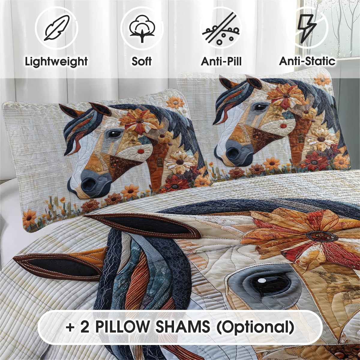LUSHIS Patchwork Quilt Set, Patchwork Throw Bedspread Bed Sets - Animals Coverlet Sets All Season Soft Microfiber Lightweight Bedding Set (Horse)