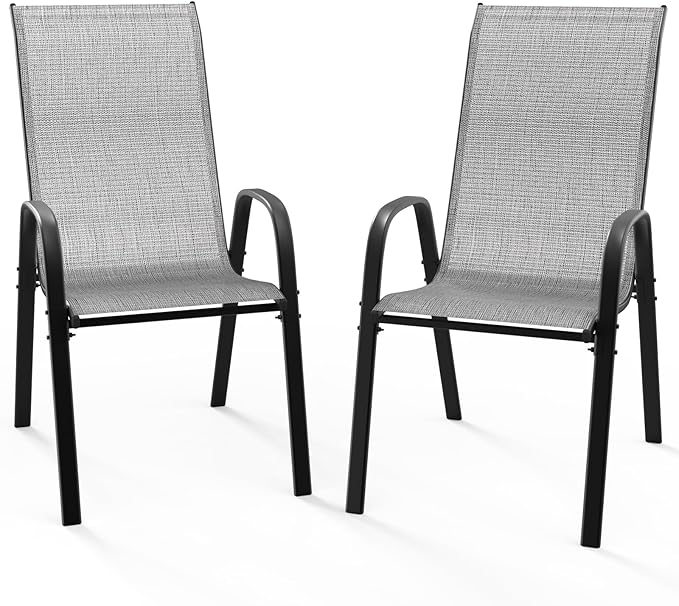 VINGLI Patio Chairs Set of 2 – Stackable Outdoor Dining Chairs with Comfortable Sling High Back Chairs and Armrests for Lawn, Poolside, Courtyard, Balcony, Garden, Silver Gray