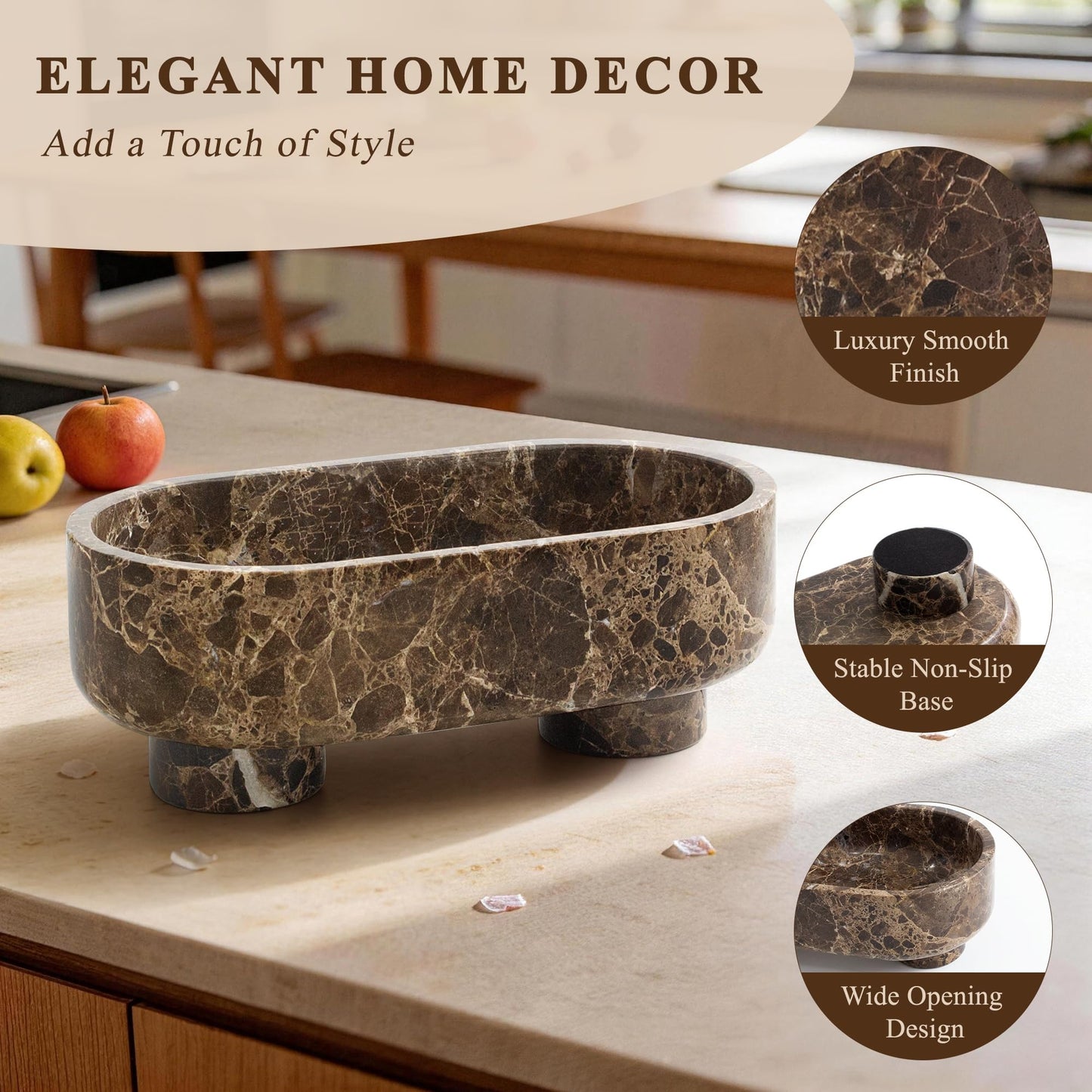 LIN CHUAN Natural Oval Marble Fruit Bowl for Kitchen Counter | Two-Legged Decorative Pedestal Bowl for Dining Table Decor, 10" Luxury Entryway Catchall Purse Bowl - Dark Brown