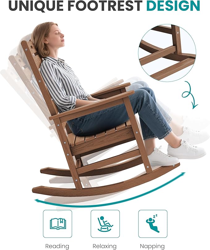 SERWALL Outdoor Rocking Chair Set of 2, Oversized Rocking Chair with Footboard for Adults, HDPE All Weather Resistant Rocking Chairs for Patio, 350lbs Weight Capacity, Brown