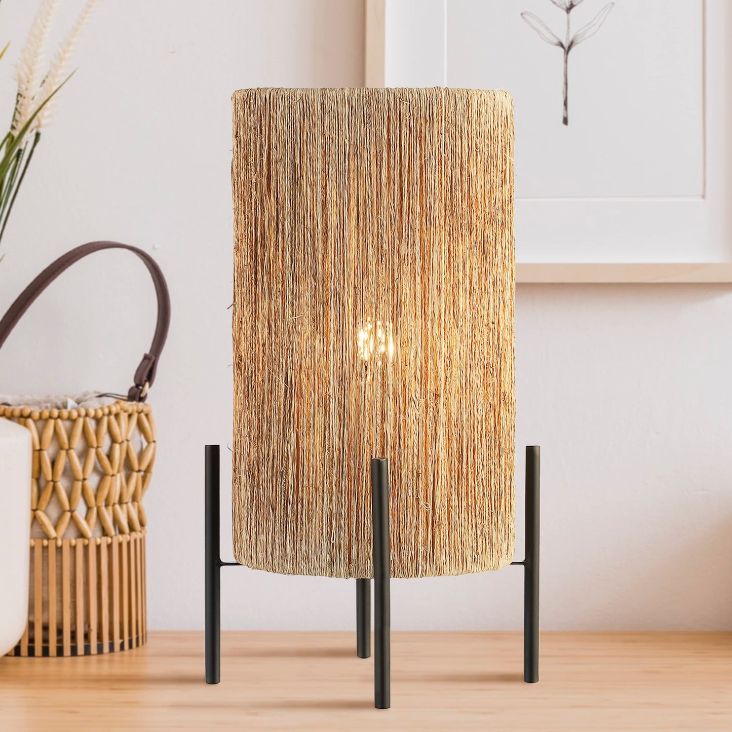 JONATHAN Y 16.5" Brown Woven Rattan LED Table Lamp, Coastal Minimalist Cylinder Accent Light for Living Room, Bedroom, Nightstand, Bohemian Style, LED Bulb Included JYL4043A