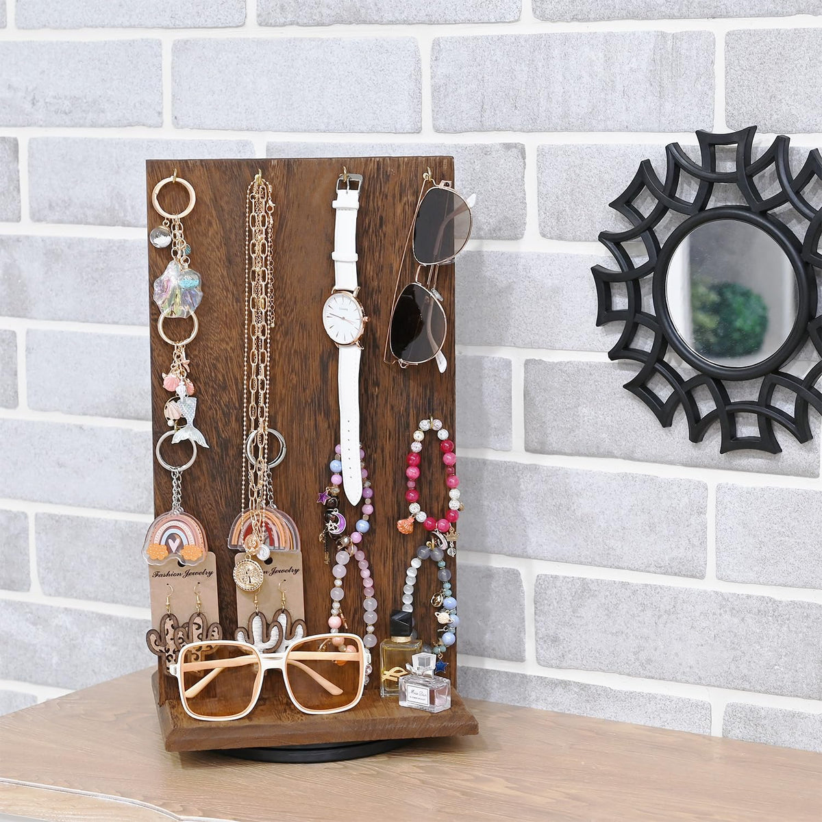 Ikee Design Wooden Rotating Two-Sided Jewelry Display Stand, Rotating Organizer with 32 Hooks for Store, Earring Keychain Display with Hooks, Brown color, 9 W x 7.5 D x 16.5 H in
