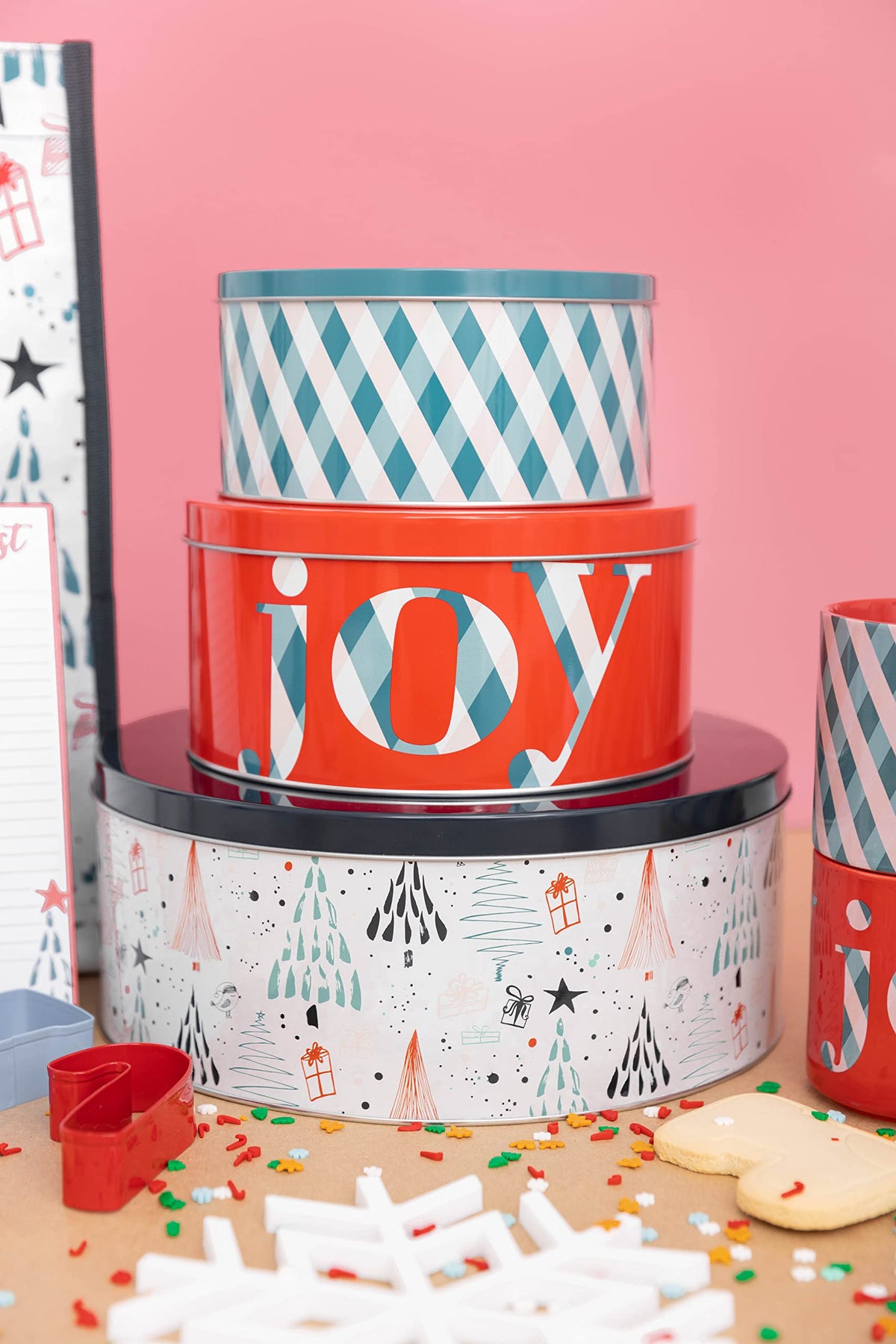 Steel Mill & Co Tin Containers with Lids, 3 Pack Christmas Cookie Tins, Festive Cookie Tins for Gift Giving & Holiday Treats, Round Metal Nesting Containers, Large Medium Small, Joy Plaid
