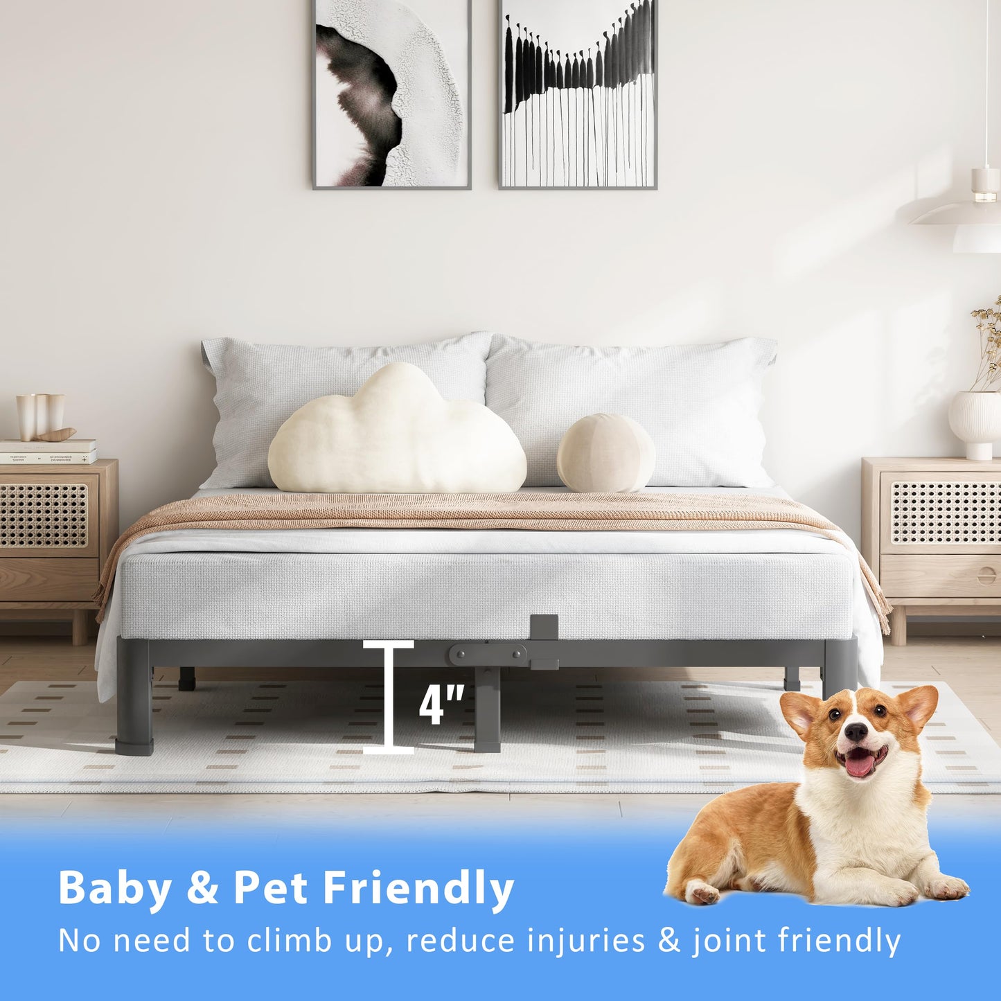 VIPSHOW 4 Inch Queen Bed Frame, 3500Lbs Heavy Duty Metal Platform with Round Corner Legs Mattress Slide Stopper, Steel Slat Support No Box Spring Needed, Noise Free, Non-Slip, Easy Assembly