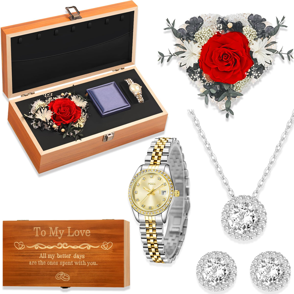 Birthday Gifts for Women-Preserved Roses Jewelry Set 925 Sterling Silver Necklace Earrings,Watches for Women,Wooden Jewelry Organizer-Mother’s Day, Anniversary,Thanksgiving,Christmas,Graduation Gifts (interior and LOVE words)