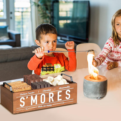 S'Mores Station, Farmhouse Smores Caddy with Handles, Smores Kit for Fire Pit Smores Maker Box, Smores Bar Station with 5Pcs Extendable Marshmallow Roasting Sticks, Camping Essentials Gear Accessories