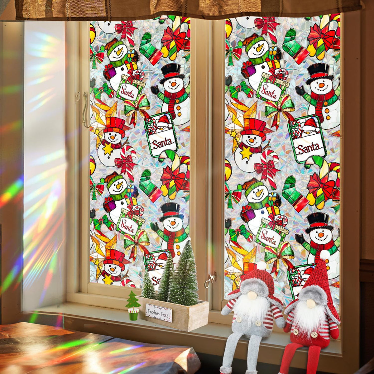 Christmas Stained Glass Window Cling Rainbow Tinted Window Film Privacy Stained Glass Window Decal Snowman Bow Candy Cane Windows Decals for Home School Xmas Party Decoration 17x 39.3 Inch